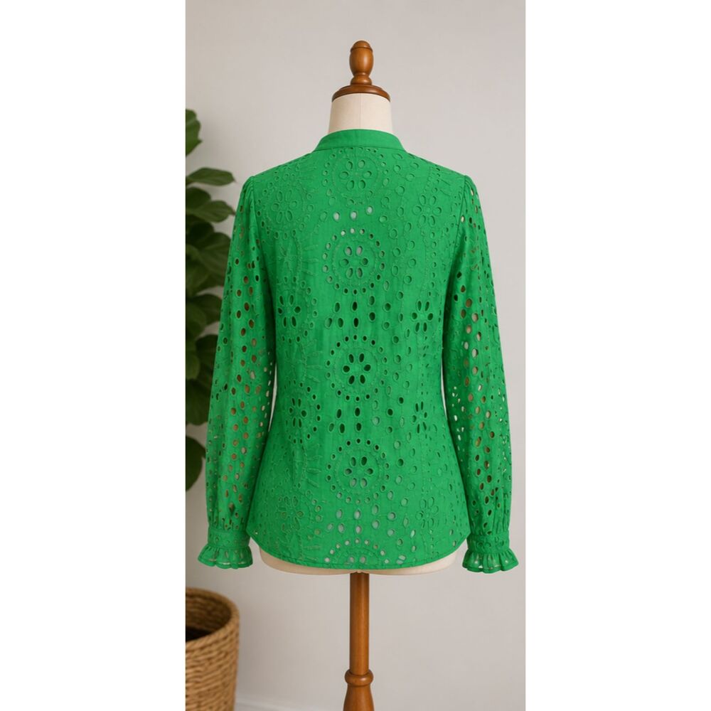 Women's Green Eyelet Embroidered Blouse Long Sleeve Button Front Top